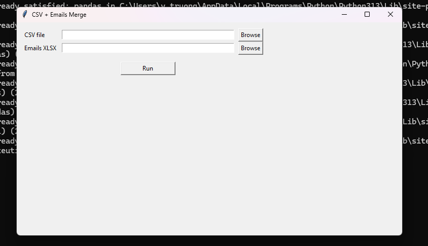 Screenshot of a workplace efficiency script GUI showing file selection and processing output